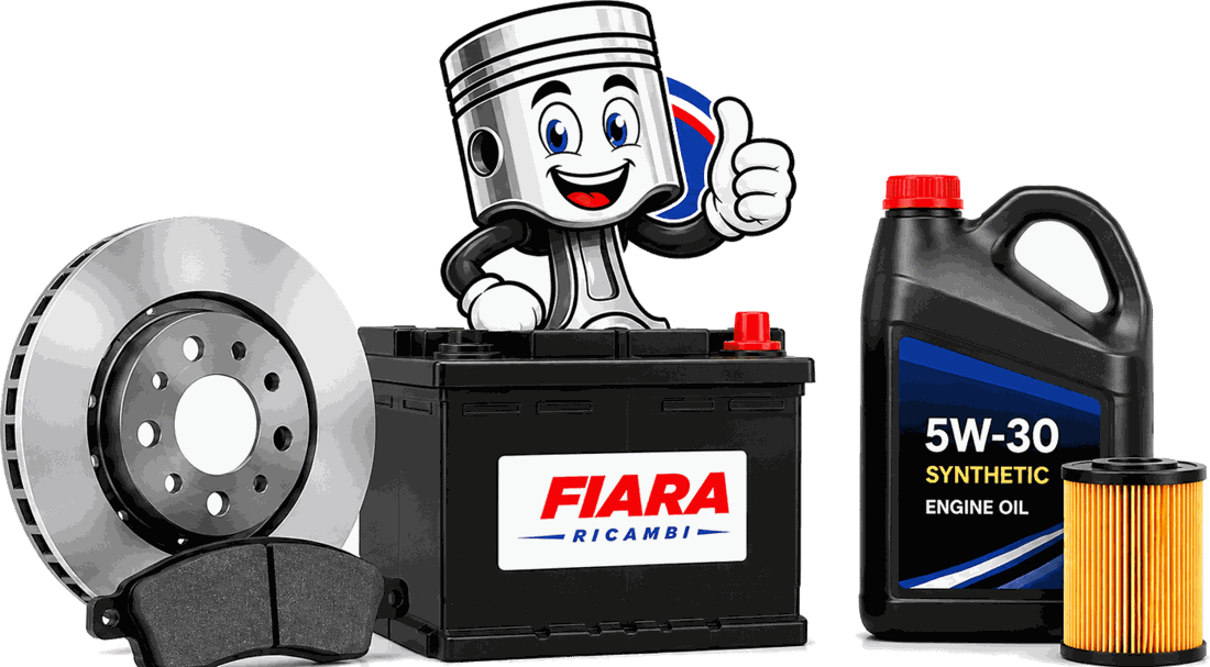 Disco freno, batteria auto, olio motore e filtro con la mascotte FIARA